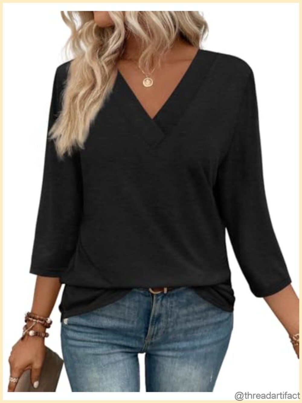 Womens 3/4 Sleeve V Neck Tunic Top Loose Fit Casual Blouse